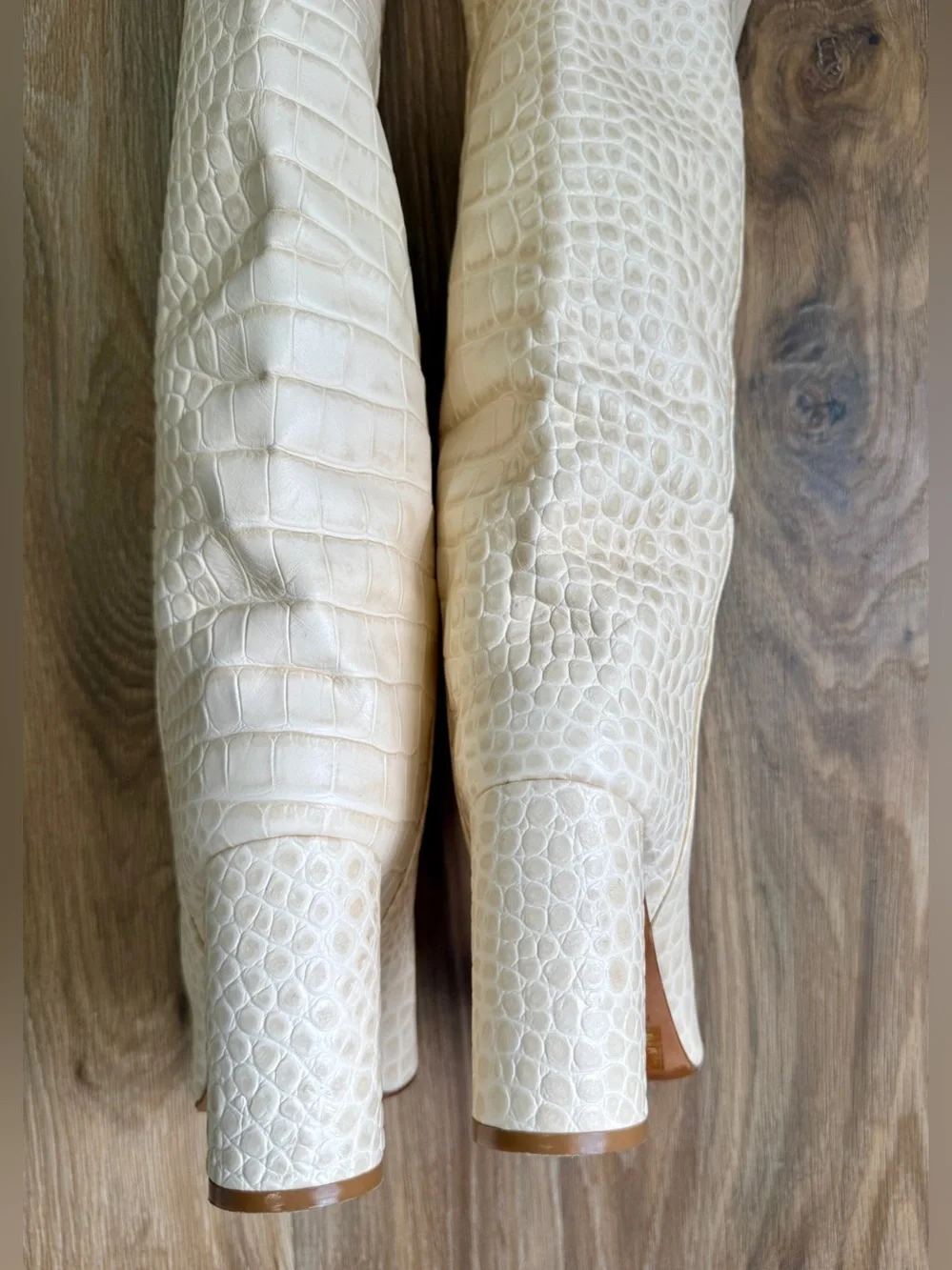 Toral Croc Embossed Knee High Boots Ivory Leather Block Heel Size 39